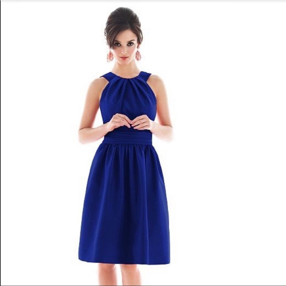 ALFRED SUNG Royal Blue Halter Cocktail Length Dress